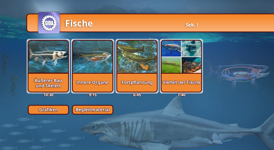 Interaktive Lernoberfläche über Fische mit Themen zu Bau, Organen, Fortpflanzung und Vielfalt.