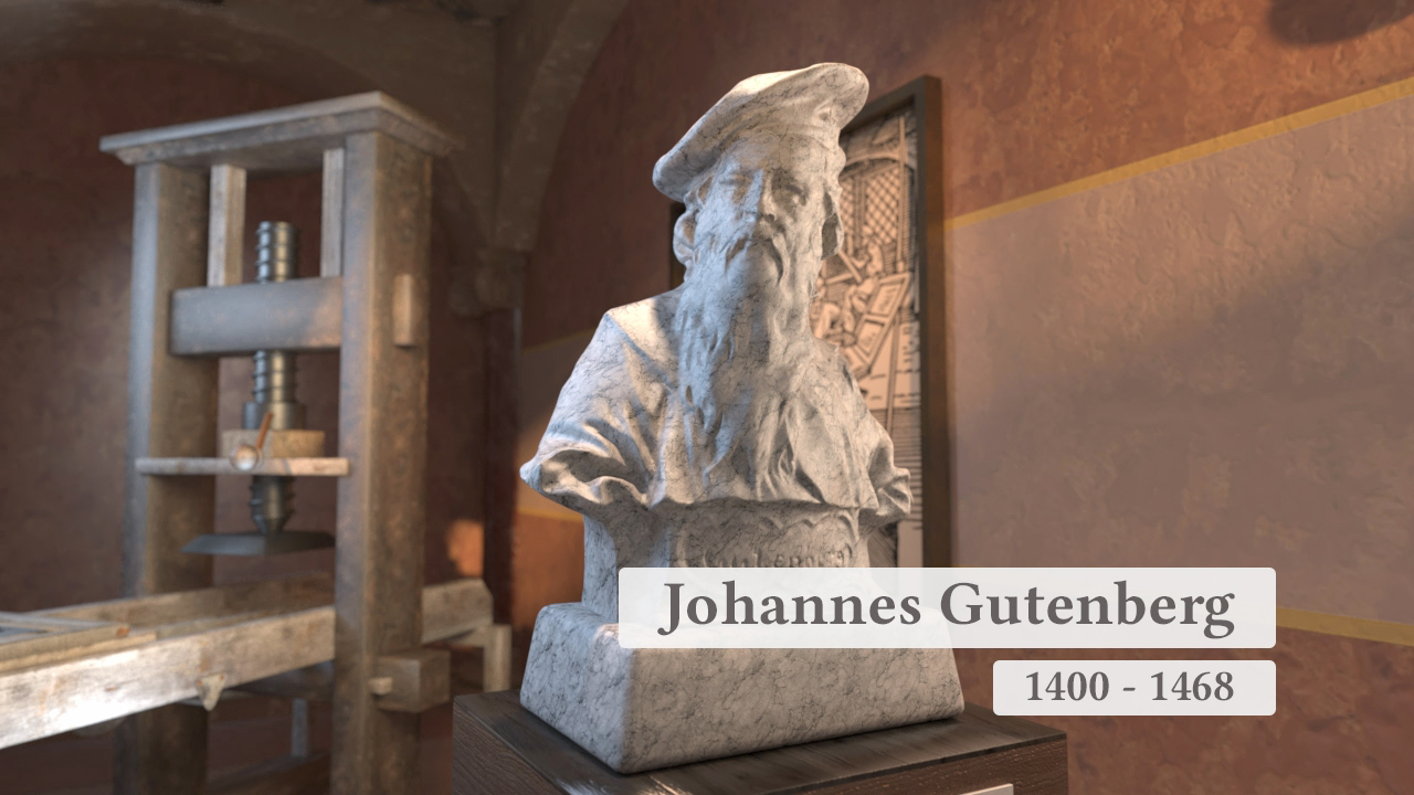 Büste von Johannes Gutenberg, 1400-1468, in einem historischen Raum mit Druckerpresse im Hintergrund.
