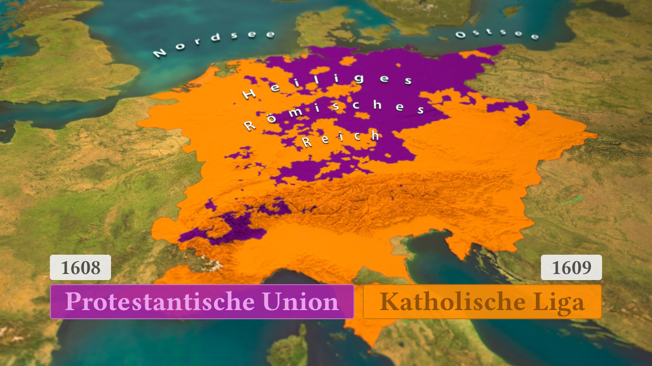 Karte von Europa im Jahr 1608-1609, zeigt die Gebiete der Protestantischen Union in lila und der Katholischen Liga in orange.