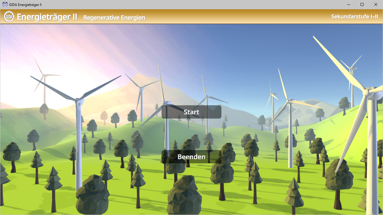 Eine Landschaft mit Windkraftanlagen und Bäumen, die regenerative Energien symbolisiert. Schaltflächen 'Start' und 'Beenden' sind sichtbar.