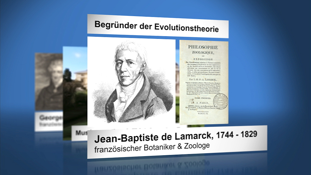 Porträt von Jean-Baptiste de Lamarck, französischer Botaniker und Zoologe, mit einem Buch über Zoologie im Hintergrund.