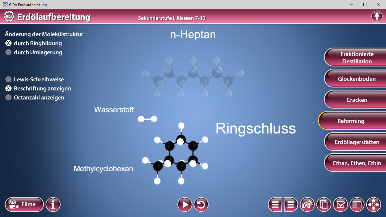 Molekülstruktur von n-Heptan mit dem Begriff 'Ringschluss' und dem Prozess 'Reforming'