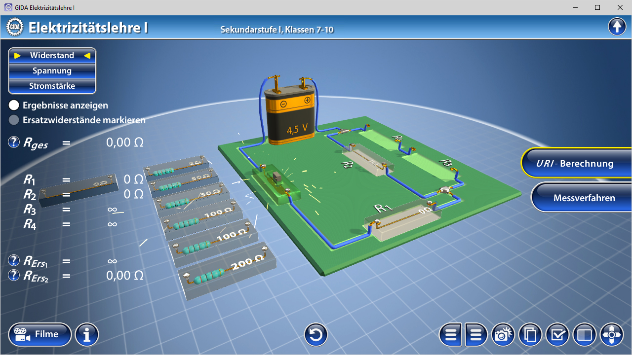 Interaktive Simulation zur Elektrizitätslehre mit Widerstand, Spannung und Stromstärke, zeigt Schaltkreis und Messgeräte.
