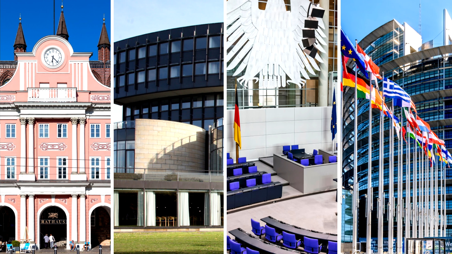 Verschiedene Regierungsgebäude in Deutschland: Rathaus, Bundesverfassungsgericht, Bundestag, Europäisches Parlament.