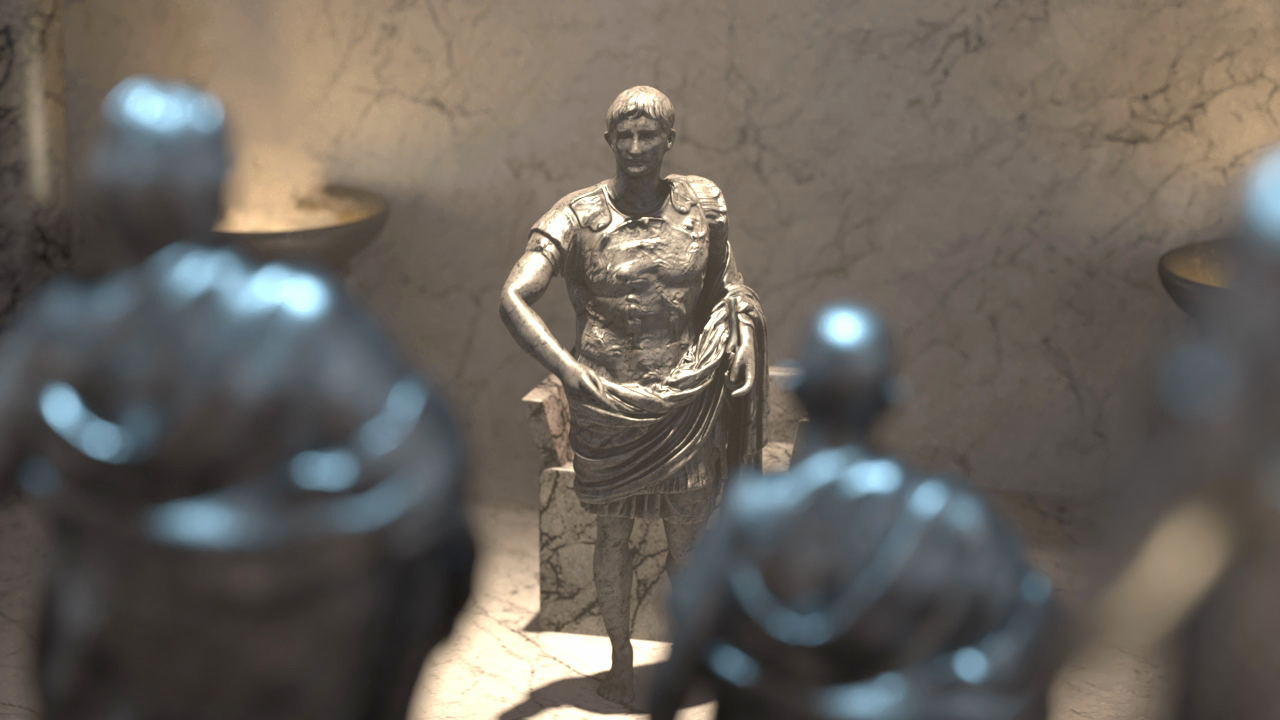 Eine Statue eines römischen Kaisers sitzt auf einem Thron, umgeben von weiteren Figuren.
