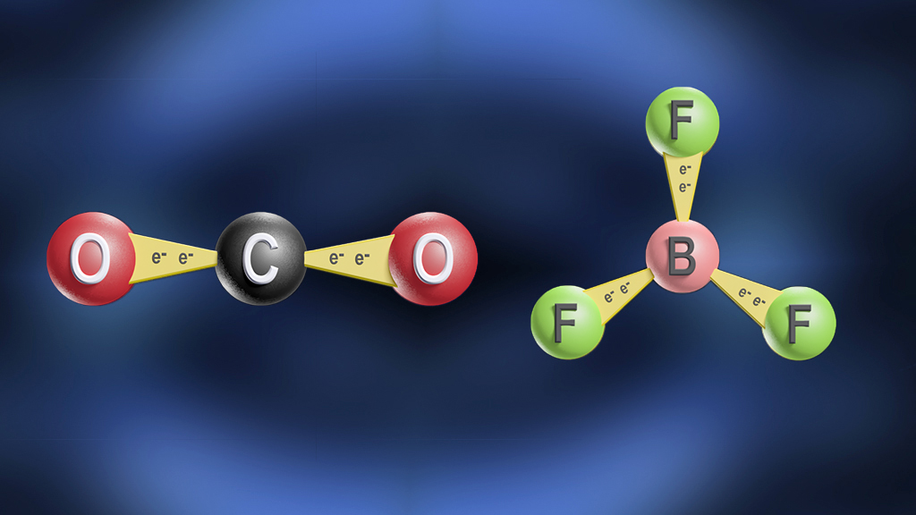 Molekülstruktur von Kohlenstoffmonoxid (CO) links und Bortrifluorid (BF₃) rechts, mit Atomen und Elektronen dargestellt.