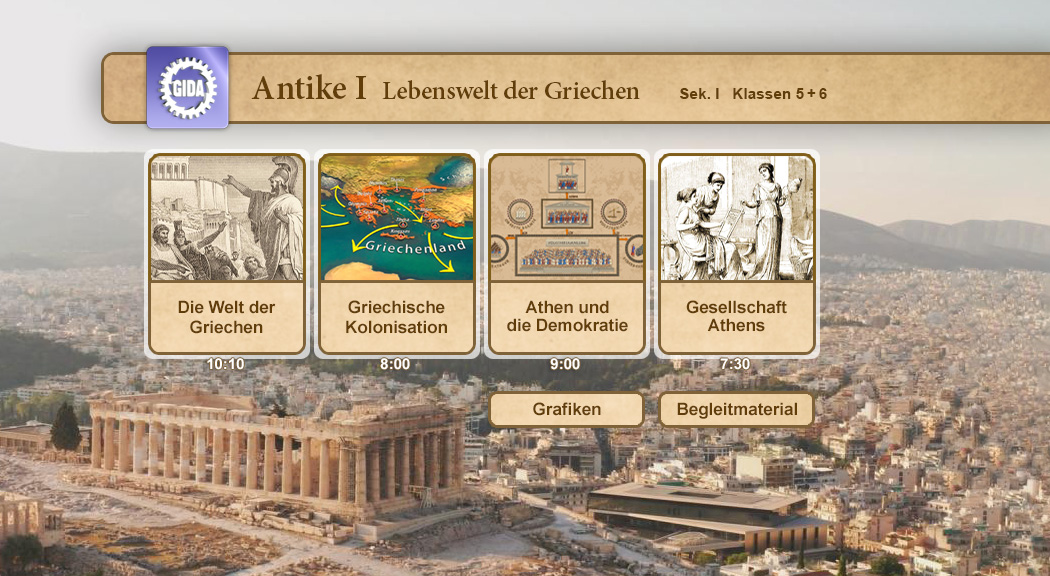 Infografik über die antike Welt der Griechen mit Themen wie griechische Kolonisation und Demokratie.