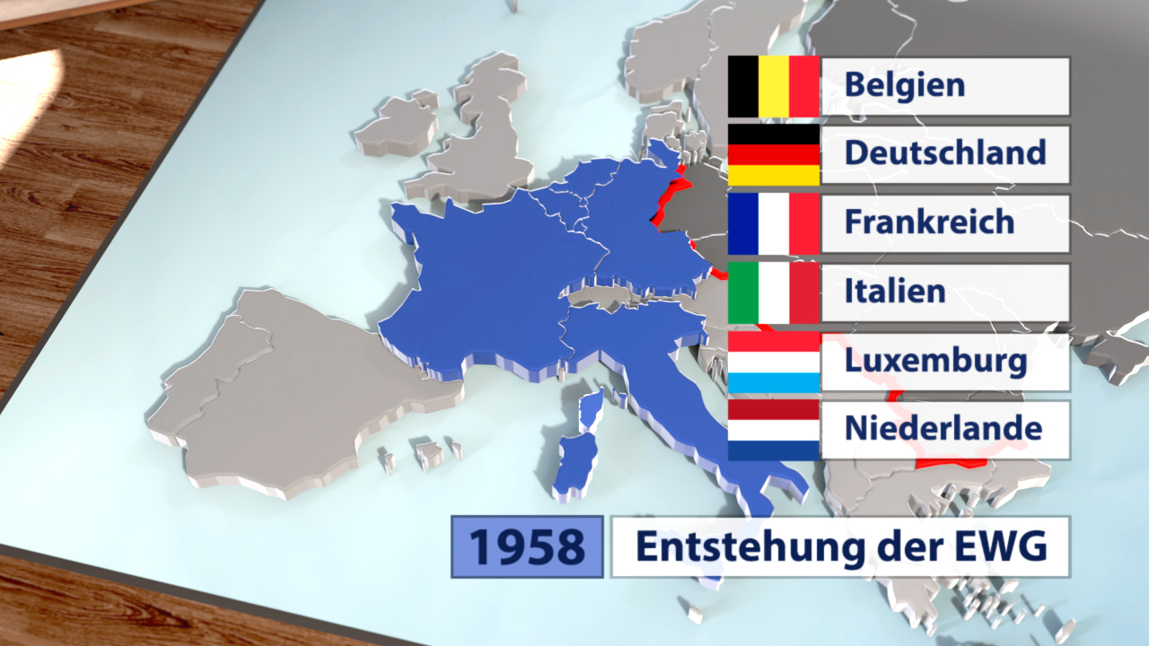 Karte von Europa mit den Gründungsmitgliedstaaten der EWG 1958: Belgien, Deutschland, Frankreich, Italien, Luxemburg, Niederlande.