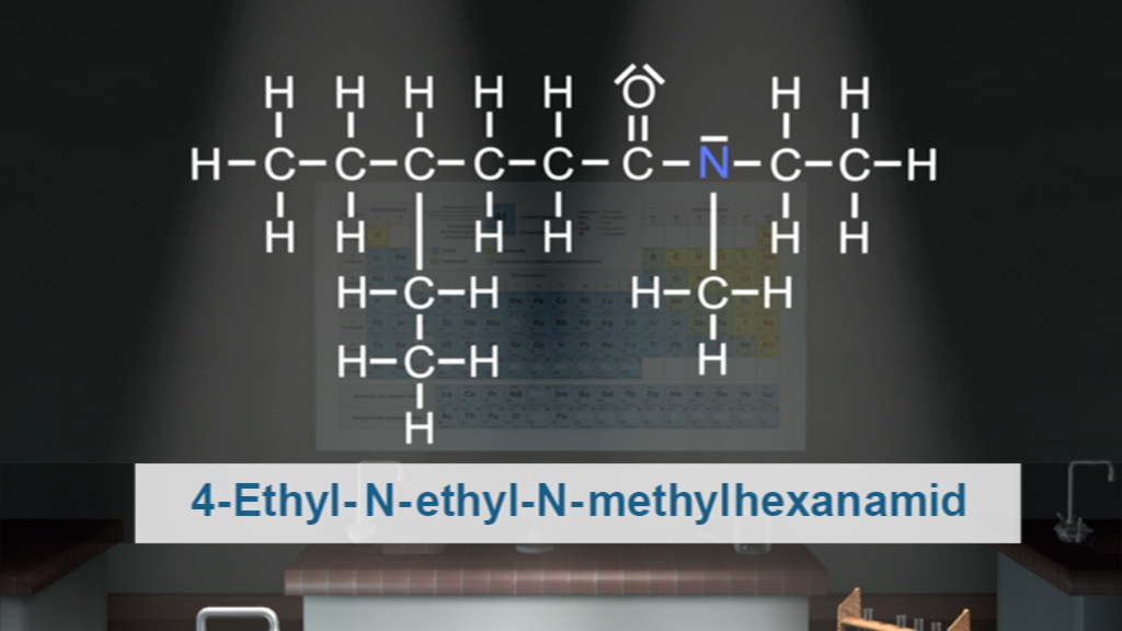 Molekularstruktur von 4-Ethyl-N-ethyl-N-methylhexanamid mit chemischen Bindungen und Atomen dargestellt.