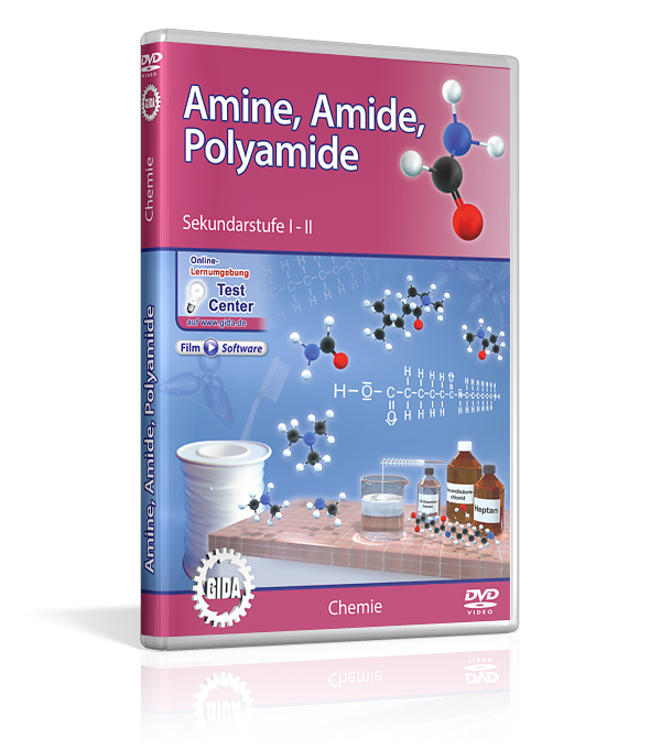 DVD-Cover für 'Amine, Amide, Polyamide' mit chemischen Strukturen und Laborutensilien.