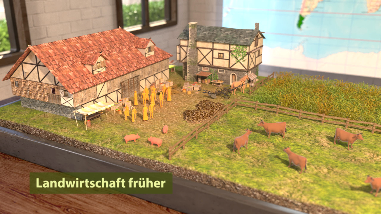 Modell einer historischen Landwirtschaftsszene mit zwei Bauernhäusern, Figuren in historischen Kleidern und Tieren.