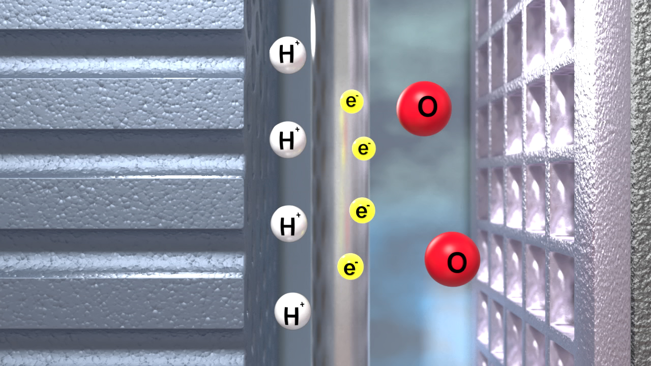 Darstellung eines chemischen Prozesses mit Wasserstoff- und Sauerstoffatomen, die durch eine Membran getrennt sind.