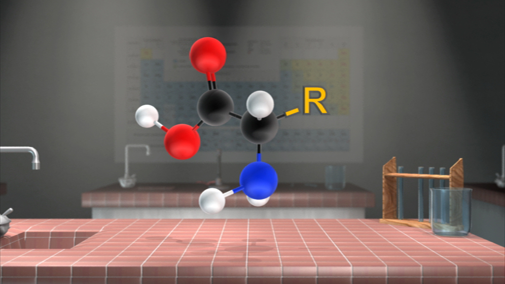3D-Darstellung eines Moleküls mit roten, schwarzen, weißen und blauen Atomen im Laborumfeld.