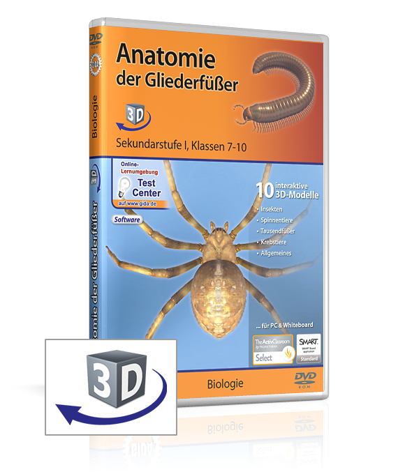 DVD-Cover für 'Anatomie der Gliederfüßer', enthält 3D-Modelle für Biologie, geeignet für Klassen 7-10.