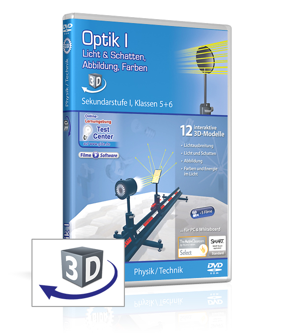 DVD-Cover für 'Optik eins', behandelt Licht, Schatten, Abbildung und Farben für Klassen 5-6, enthält interaktive 3D-Modelle.