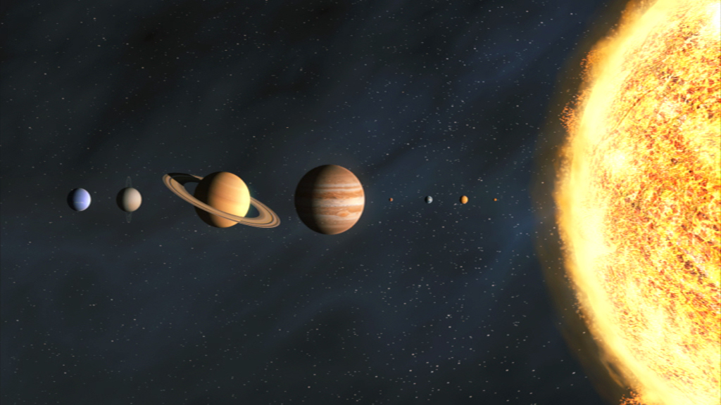 Darstellung des Sonnensystems mit der Sonne und den Planeten in Reihenfolge von der Sonne aus, einschließlich Jupiter und Saturn.