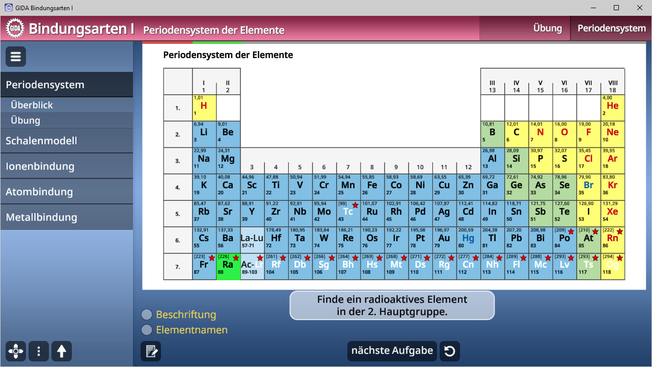 Interaktive Darstellung des Periodensystems der Elemente mit farblich markierten Gruppen und radioaktiven Elementen.