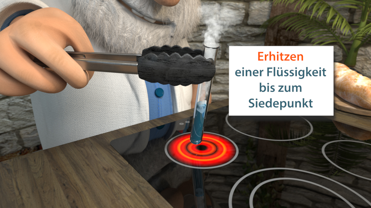 Ein Wissenschaftler erhitzt eine Flüssigkeit in einem Reagenzglas auf einem Herd, mit dem Text 'Erhitzen einer Flüssigkeit bis zum Siedepunkt'.