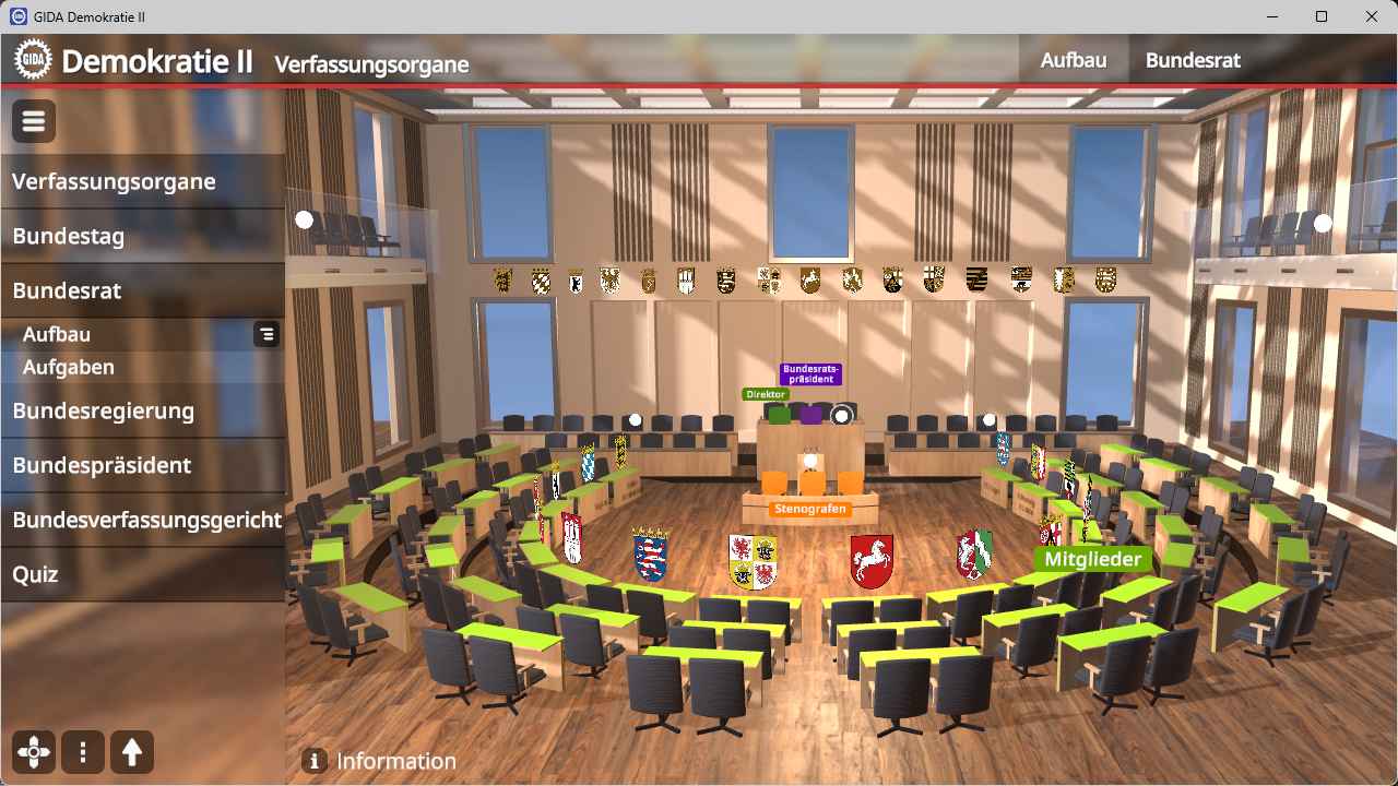 Virtueller Sitzungssaal mit halbkreisförmiger Anordnung von grünen Stühlen und Tischen, Wappen an der Wand und Beschriftungen wie 'Bundesrat präsidiert', 'Stenografen' und 'Mitglieder'