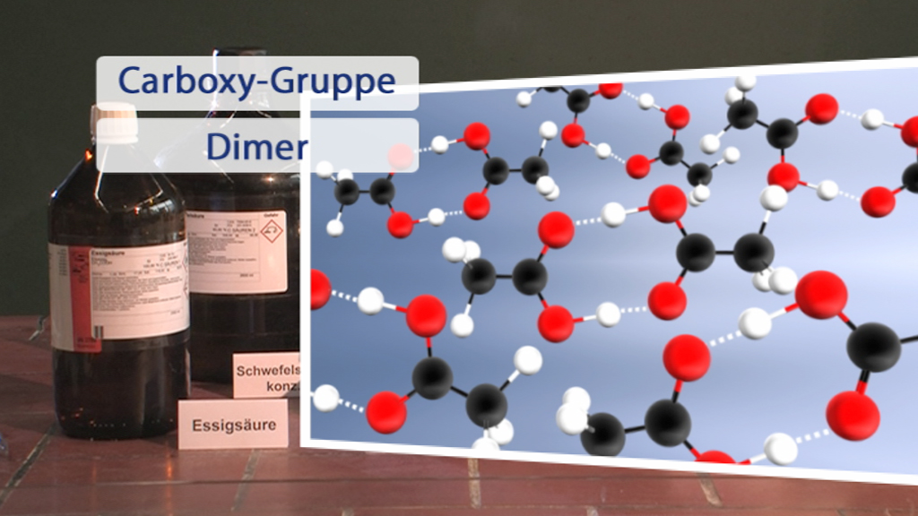 Molekularstruktur eines Dimer mit Carboxy-Gruppe, dargestellt mit roten, schwarzen und weißen Atomen.