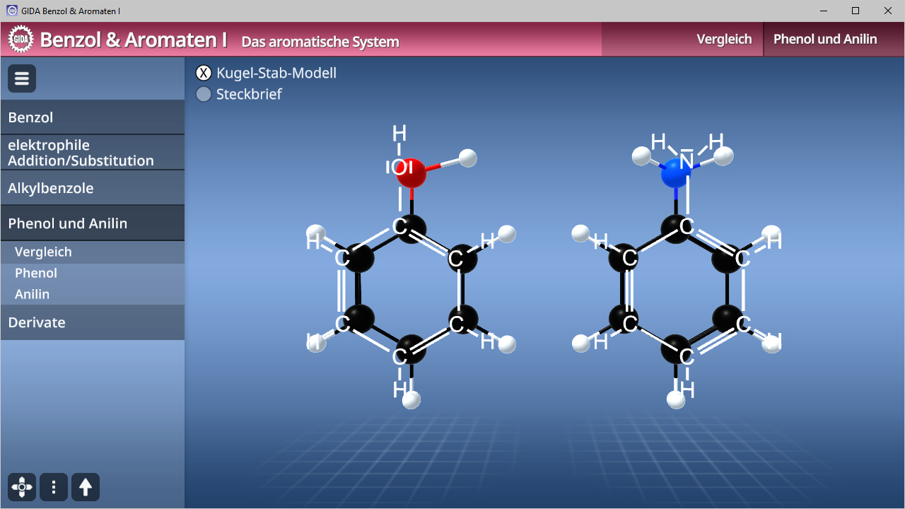 Vergleich von Phenol und Anilin mit Kugel-Stab-Modellen, zeigt chemische Struktur und Bindungen.