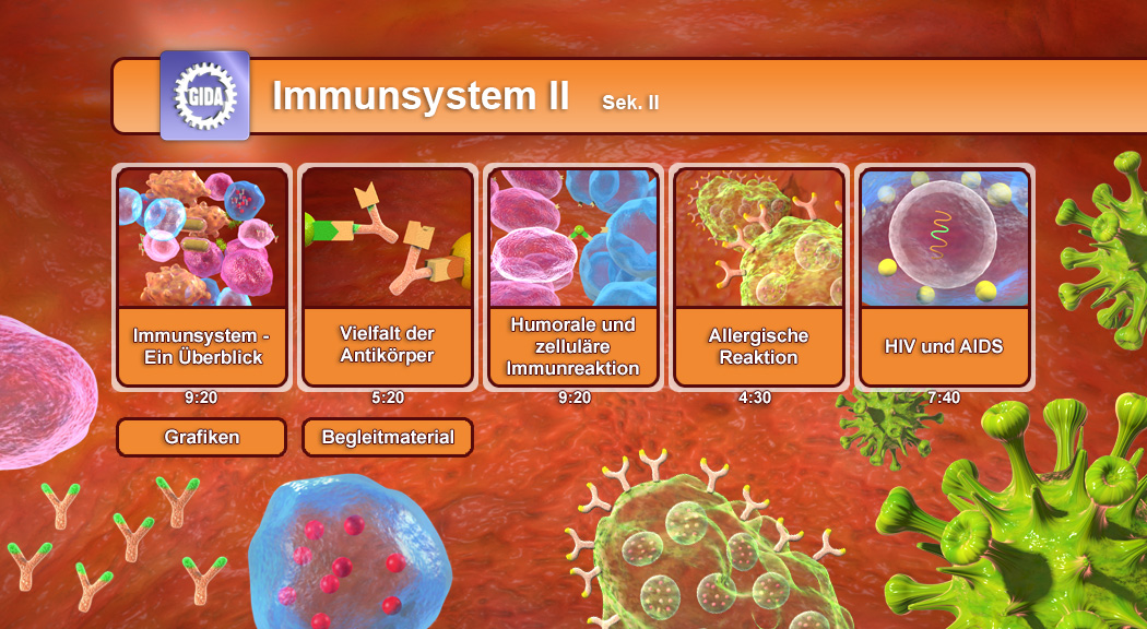 Infografik über das Immunsystem mit Themen wie Überblick, Antikörper, Immunreaktionen und HIV/AIDS.