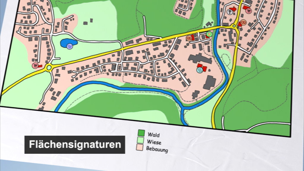 Karte mit Flächensignaturen, die Wald, Wiese und Bebauung darstellen.