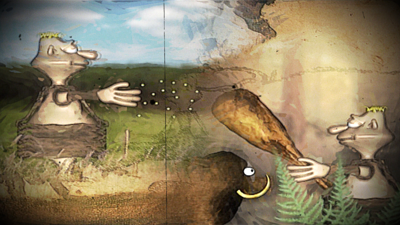 Animierte Charaktere in einer prähistorischen Landschaft, einer hält einen Stock, der andere streckt die Hand aus.