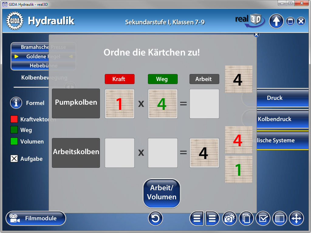 Interaktive Lernoberfläche zur Hydraulik mit Karten zur Zuordnung von Kraft, Weg und Arbeit.