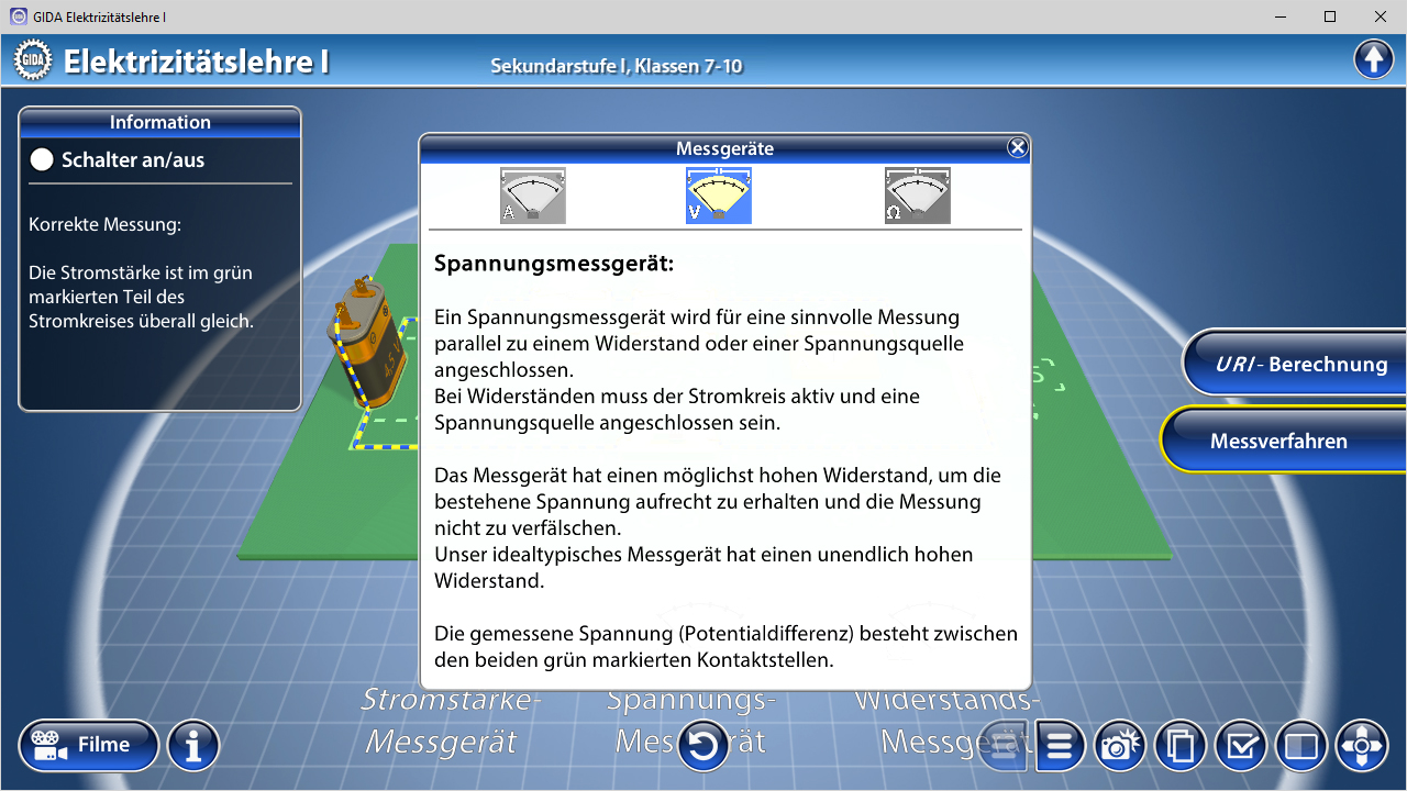 Ein interaktives Lernmodul über Spannungmessgeräte in der Elektrizitätslehre, zeigt eine grafische Darstellung und Erklärungen.