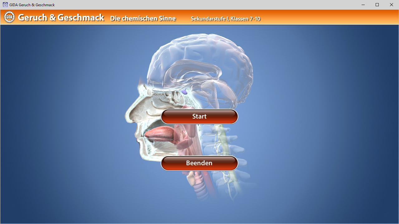 Grafik eines menschlichen Kopfes, der die chemischen Sinne Geruch und Geschmack darstellt, mit Schaltflächen 'Start' und 'Beenden'.