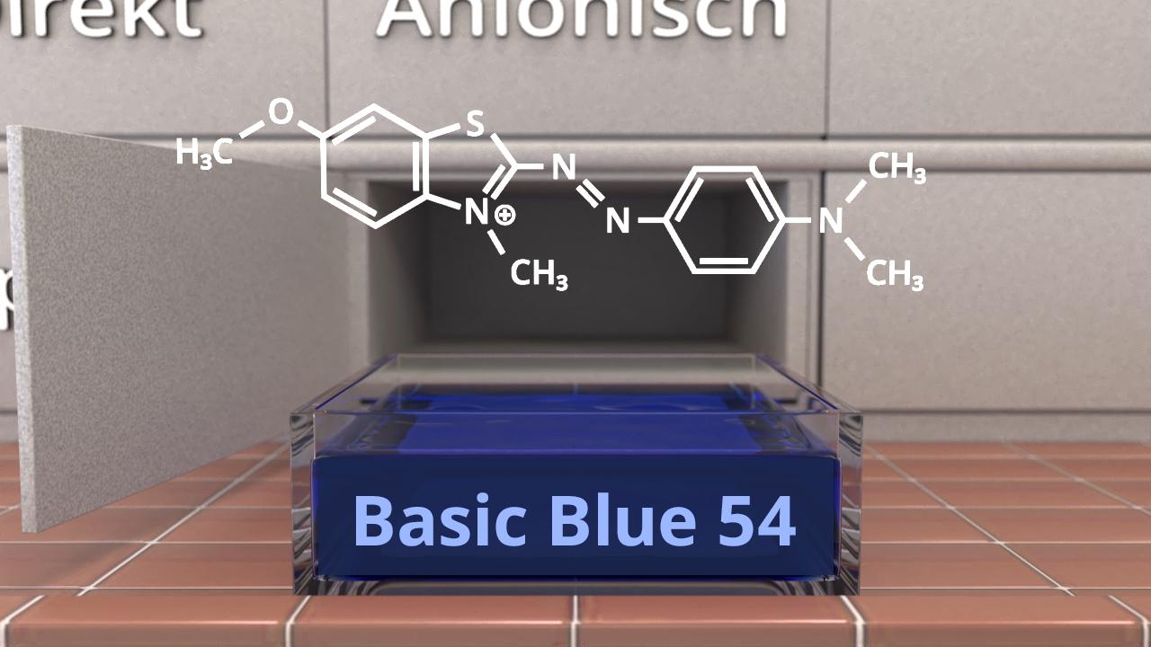 Chemische Strukturformel von Basic Blue 54, dargestellt über einem offenen Schubladenelement.