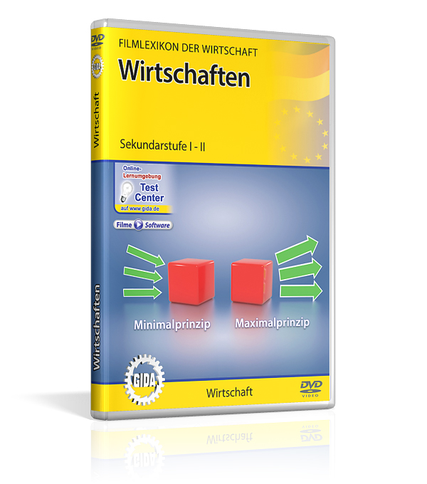 DVD-Cover für 'Wirtschaften', Sekundarstufe eins – zwei, mit den Begriffen Minimalprinzip und Maximalprinzip.