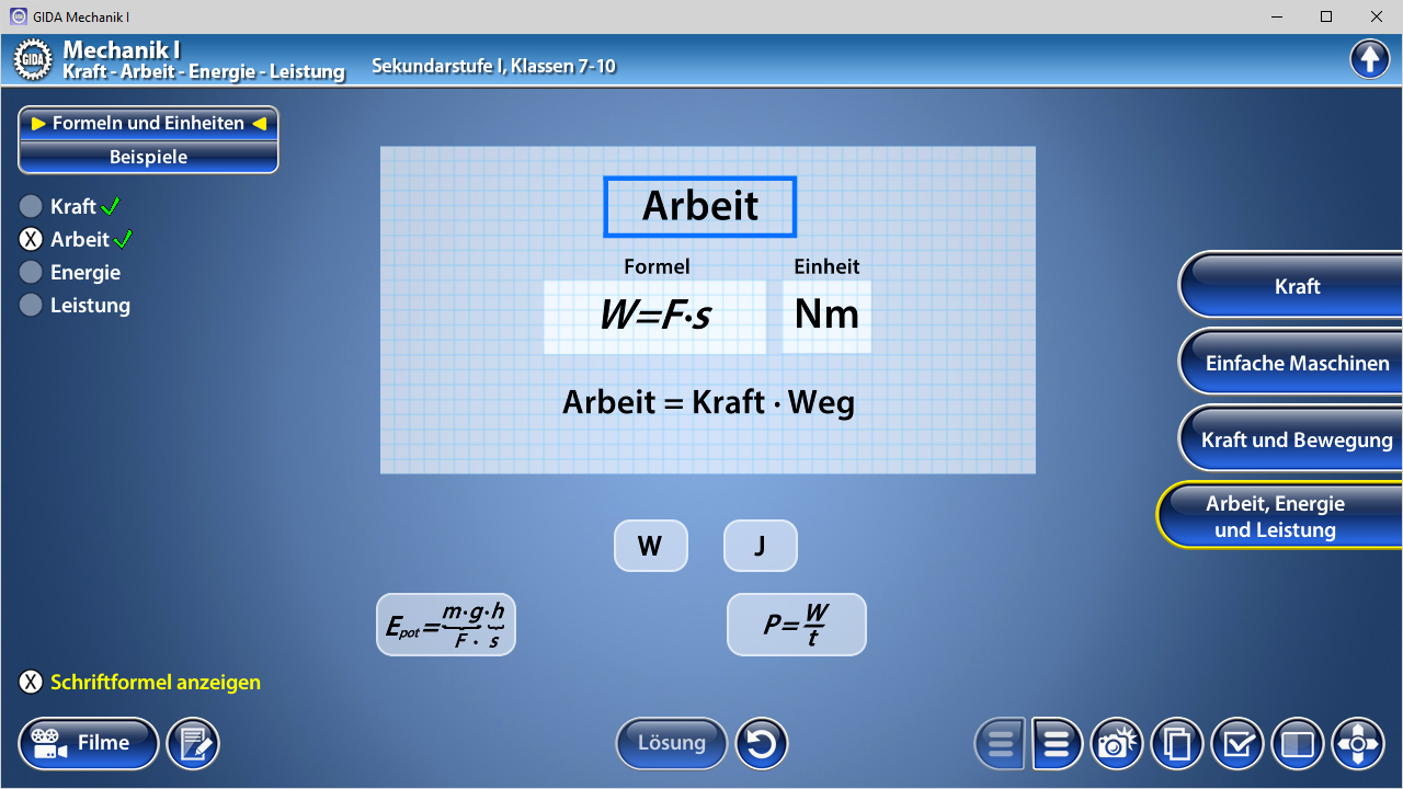 Tafel mit Formeln und Einheiten für Arbeit in der Mechanik, zeigt die Beziehung zwischen Kraft, Weg und Arbeit.
