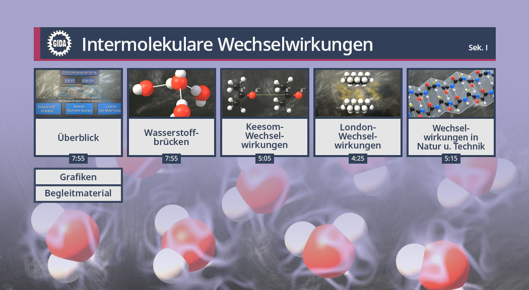 Infografik über intermolekulare Wechselwirkungen mit Themen wie Wasserstoffbrücken und London-Wechselwirkungen.