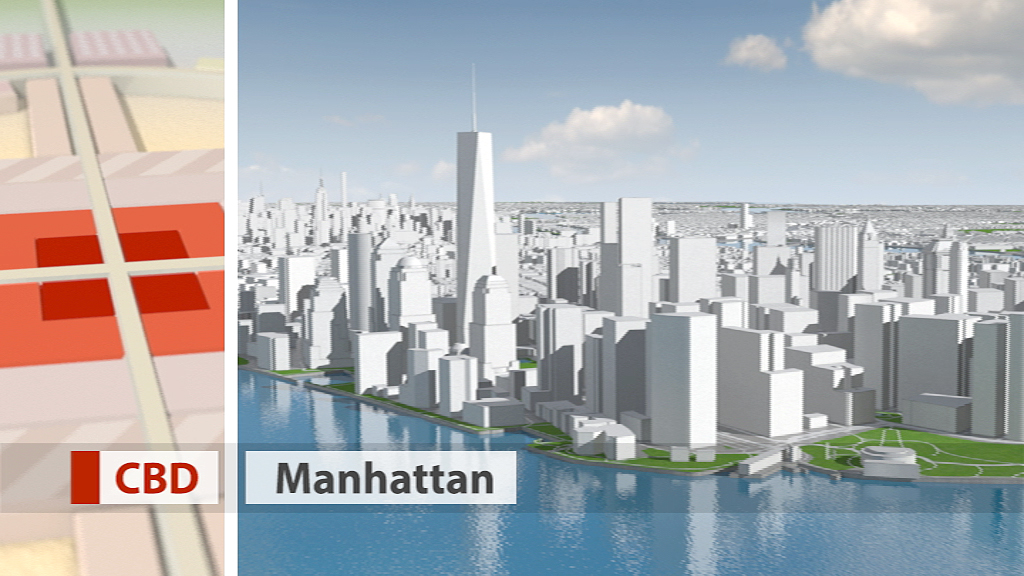 3D-Ansicht von Manhattan mit Wolkenkratzern und Wasseransicht, beschriftet mit 'Manhattan'.