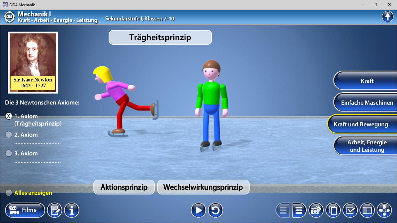 Illustration von Sir Isaac Newton neben animierten Figuren, die das Trägheitsprinzip demonstrieren.