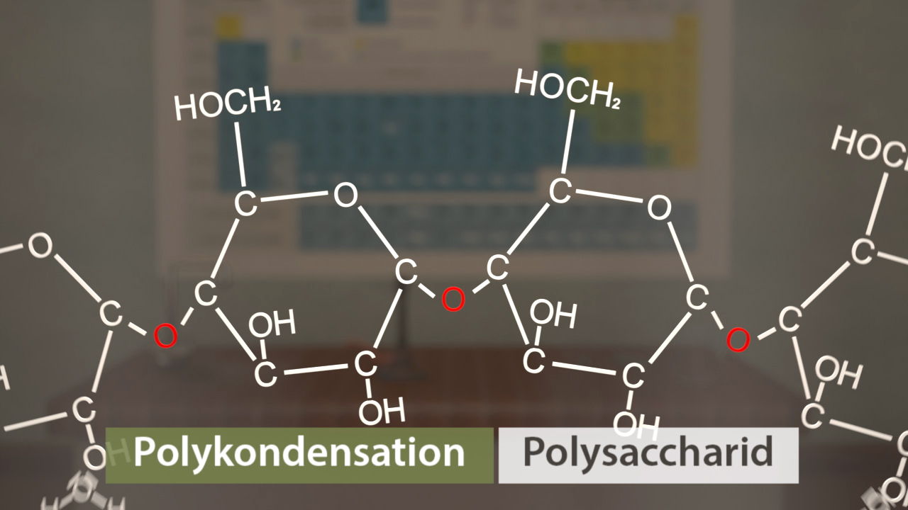 Chemische Strukturformel, die Polykondensation und Polysaccharid zeigt, mit chemischen Bindungen und funktionellen Gruppen.