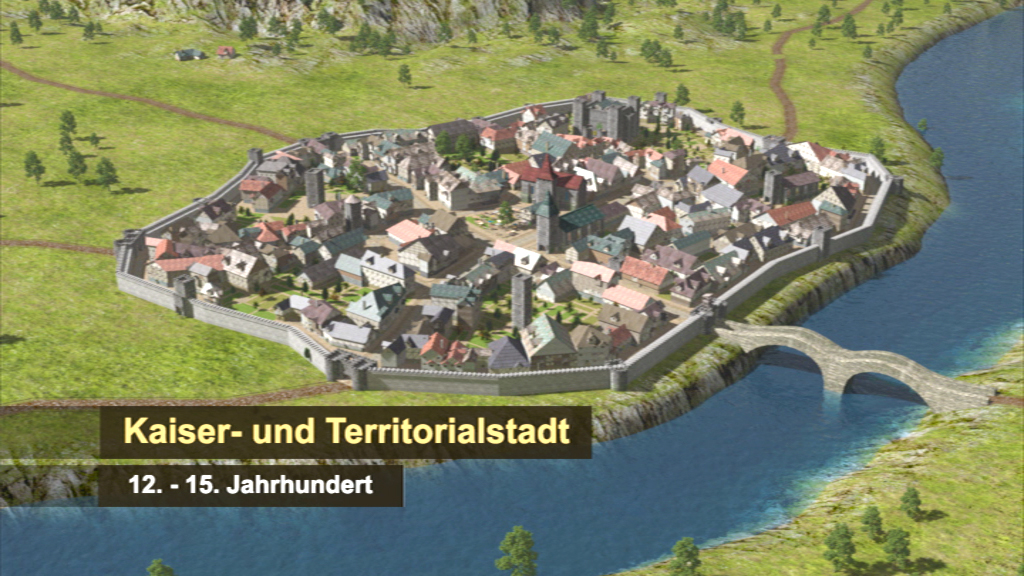 3D-Darstellung einer Kaiser- und Territorialstadt aus dem 12. bis 15. Jahrhundert, umgeben von Wasser und Wäldern.
