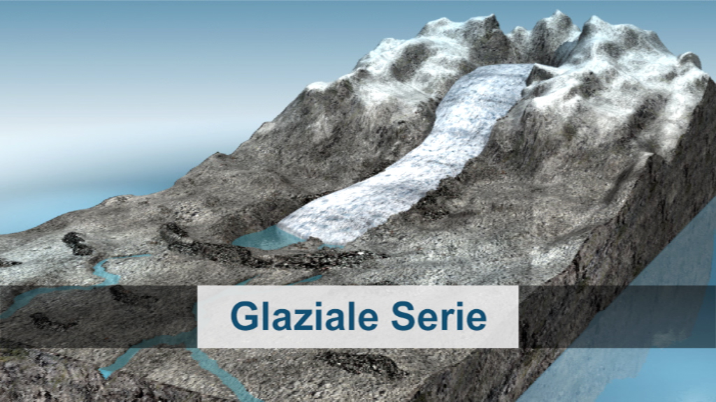 3D-Darstellung einer Gletscherlandschaft mit Gletscher und umliegenden Felsen.