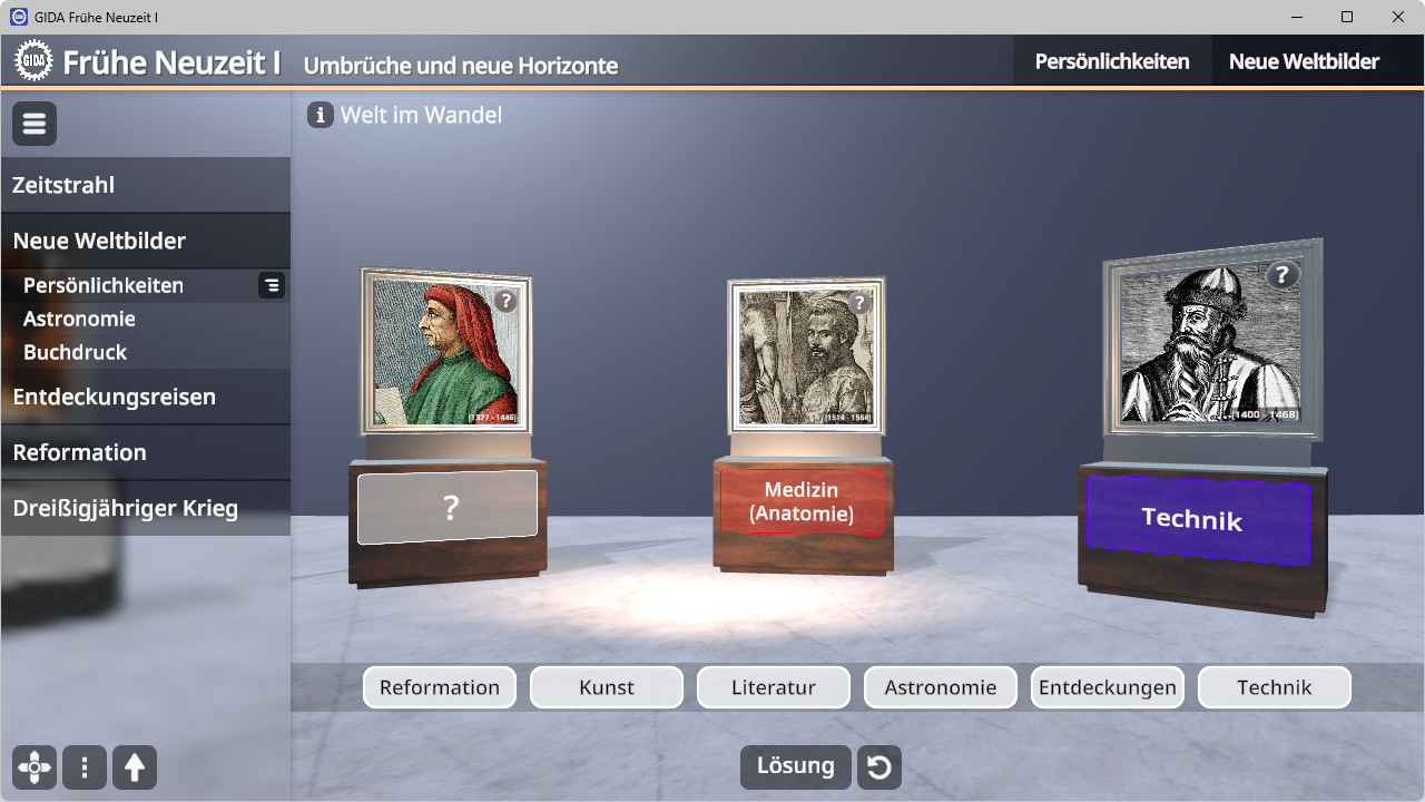 Begriffe wie Reformation, Kunst, Literatur, Astronomie, Entdeckungen und Technik, die historischen Porträts zugeordnet werden sollen.