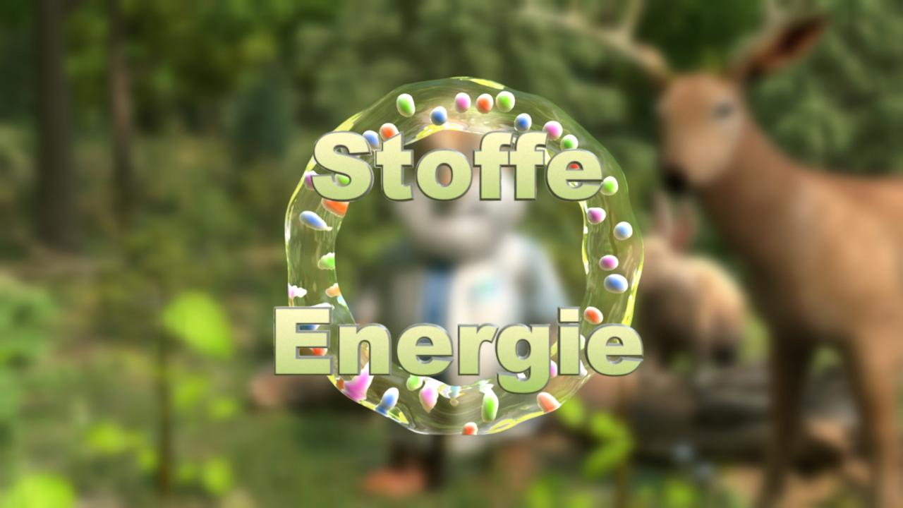 Grafik mit dem Text 'Stoffe' und 'Energie' in einem bunten Kreis, im Hintergrund sind unscharfe Tiere und Natur zu sehen.