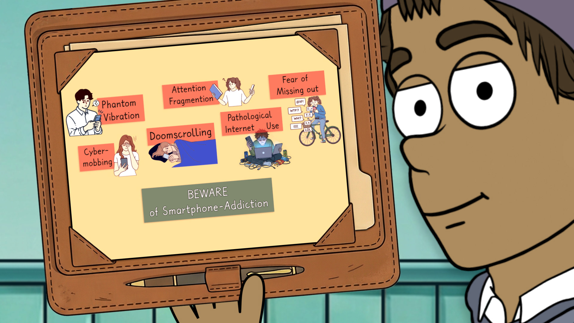 Animierte Person – Troy – blickt auf eine Tafel mit Illustrationen und Texten zu Smartphone-Sucht, darunter 'Phantom Vibration', 'Attention Fragmentation', 'Fear of Missing out', 'Cyber-mobbing', 'Doomscrolling' und 'Pathological Internet Use'