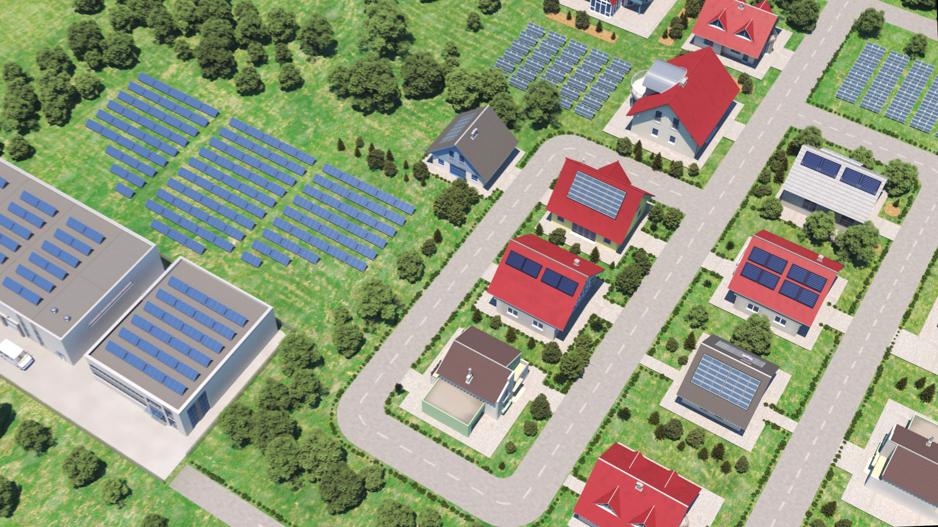 Luftaufnahme eines Wohngebiets mit mehreren Häusern und Solaranlagen auf den Dächern sowie einem Solarpark in der Nähe.