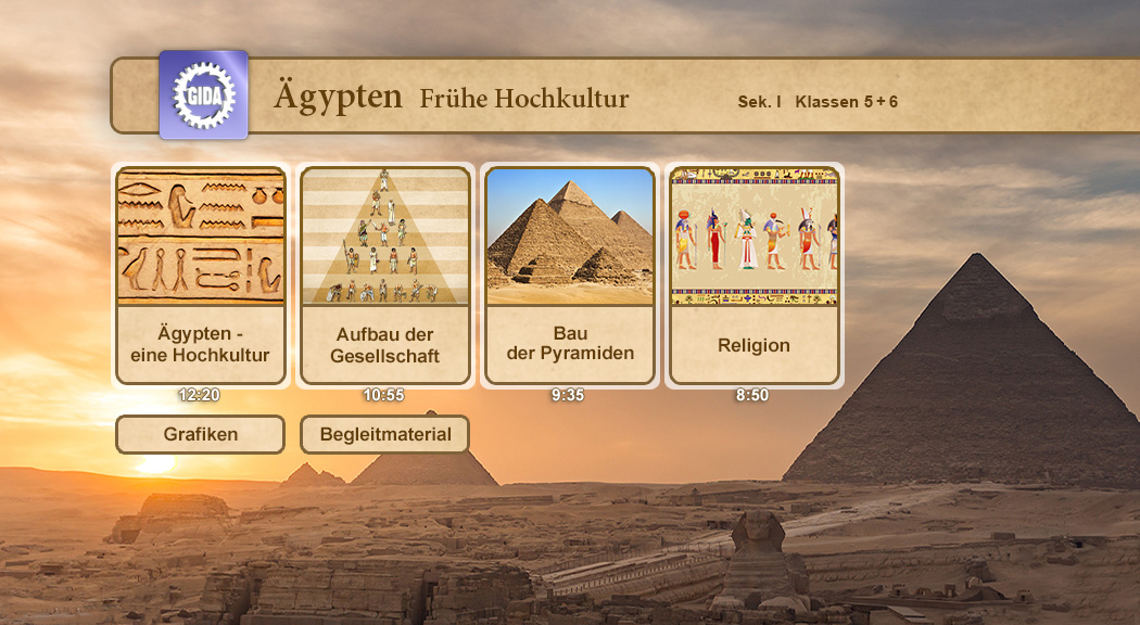 Infografik über die frühe Hochkultur Ägyptens mit Themen wie Gesellschaft, Pyramidenbau und Religion.