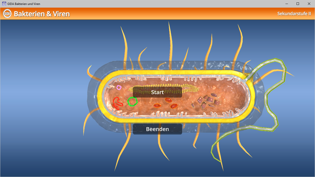 Interaktive Darstellung einer Bakterienzelle mit Start- und Beenden-Buttons.