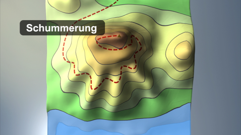 Topografische Karte mit Schummerung, die Höhenunterschiede darstellt.