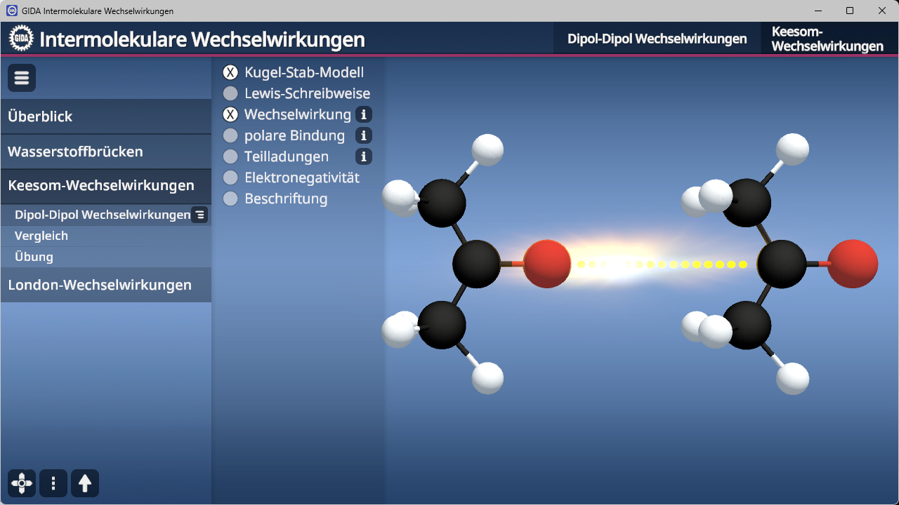 3D-Darstellung von zwei Molekülen mit Kugel-Stab-Modell in einer chemischen Softwareoberfläche zum Thema Dipol-Dipol-Wechselwirkungen