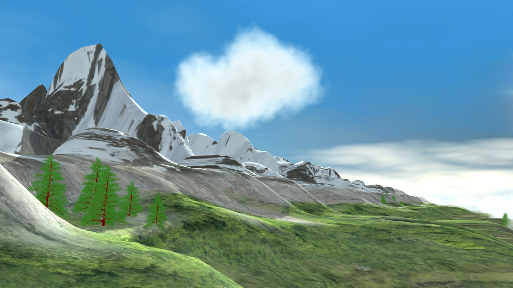 Berglandschaft mit schneebedeckten Gipfeln und grünen Bäumen im Vordergrund.