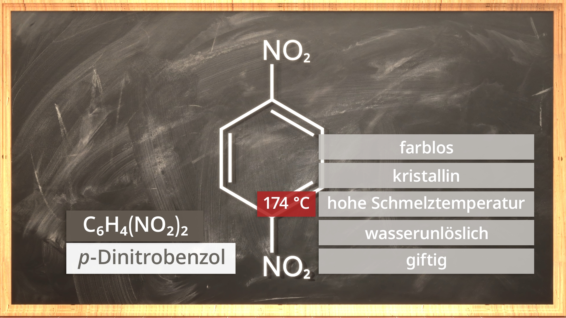 Chemische Struktur von p-Dinitrobenzen mit Eigenschaften: farblos, kristallin, hohe Schmelztemperatur, wasserunlöslich, giftig.